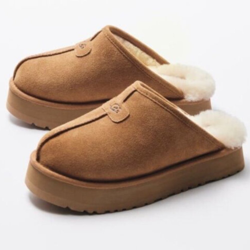 NIB UGG WOMEN'S DISCOQUETTE SUEDE SHEARLING SLIP ON SLIPPERS CHESTNUT